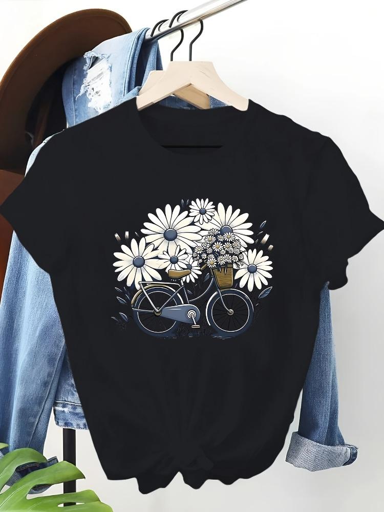 New Cotton Bicycle Pattern Printed Round Neck Short Sleeve Women's T-shirt Summer Cool Breathable Comfortable Women's Clothing