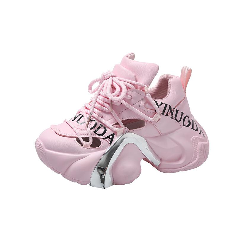 Fashion Summer Shiny Sequins Chunky Platform Sneakers Women Lace Up Breathable Height Increase Shoes Women Fashion Cute Pink Sneaker