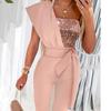 Cross-border European and American Style In-stock Sequin Jumpsuit Elegant Party Sleeveless Belt Design Slim Single-shoulder Patchwork Women's Wear