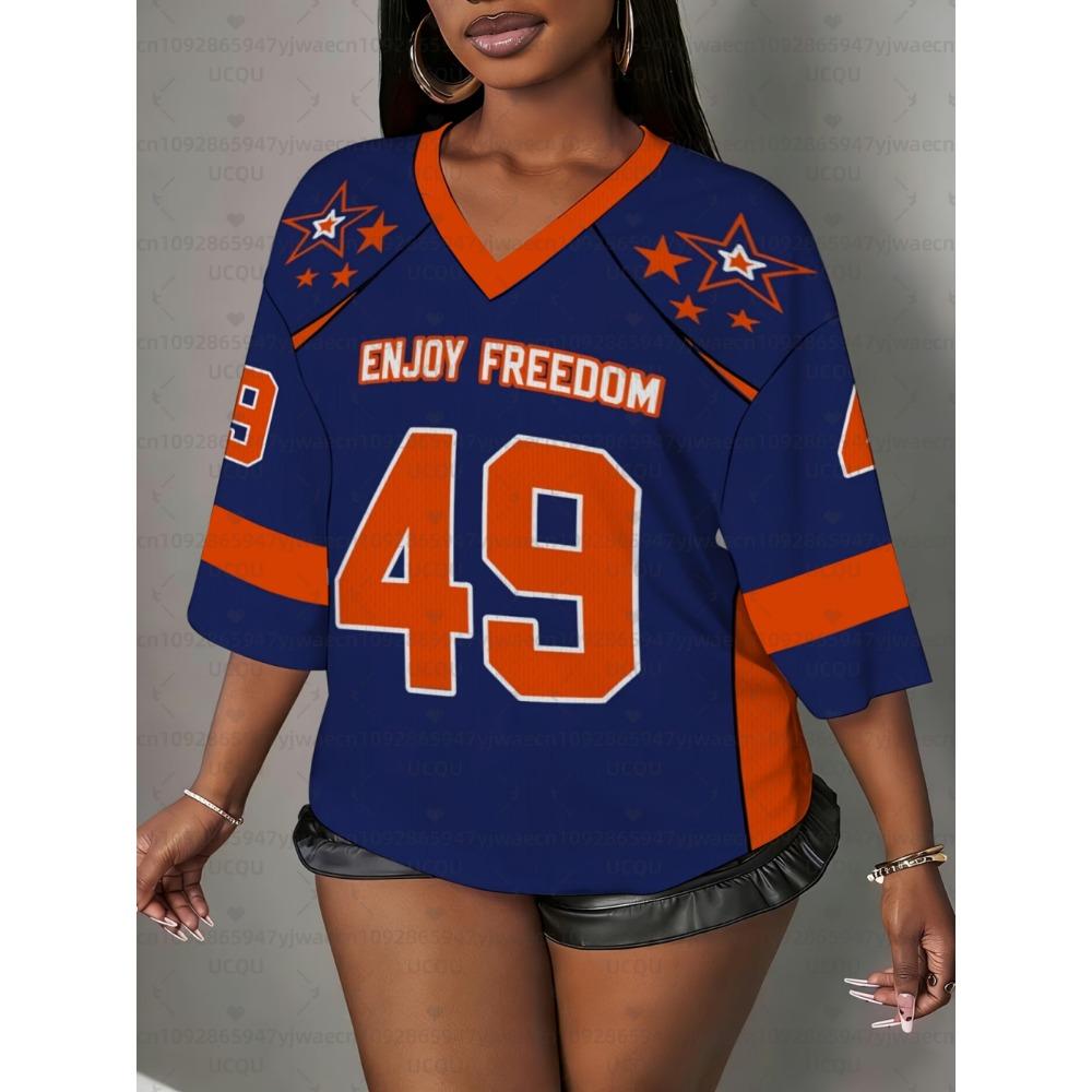 Women's Enjoy Freedom NO.49 Print V-Neck Short Sleeve T-Shirt Summer Graphic Tee Baseball Jerseys Plus Size Sport T-Shirt