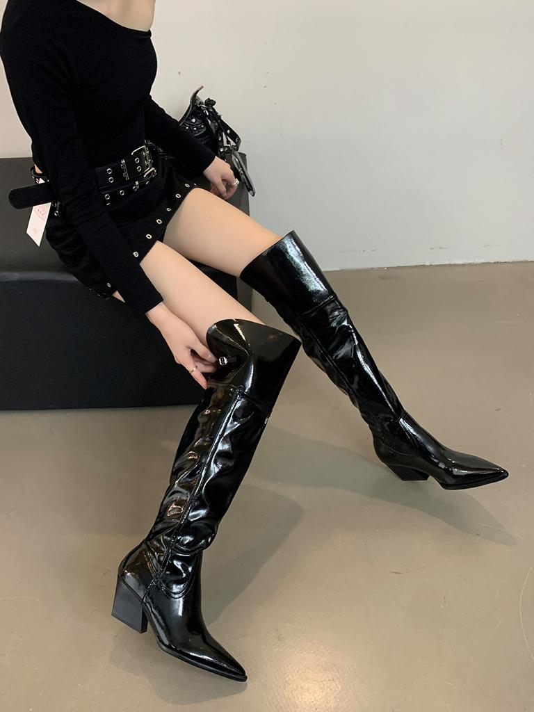 fashion Chelsea Boots For Woman Pointed Toe Patent Leather Ladies Party Pumps 2024 New Arrivals Fashion Slip On Western Botas Winter