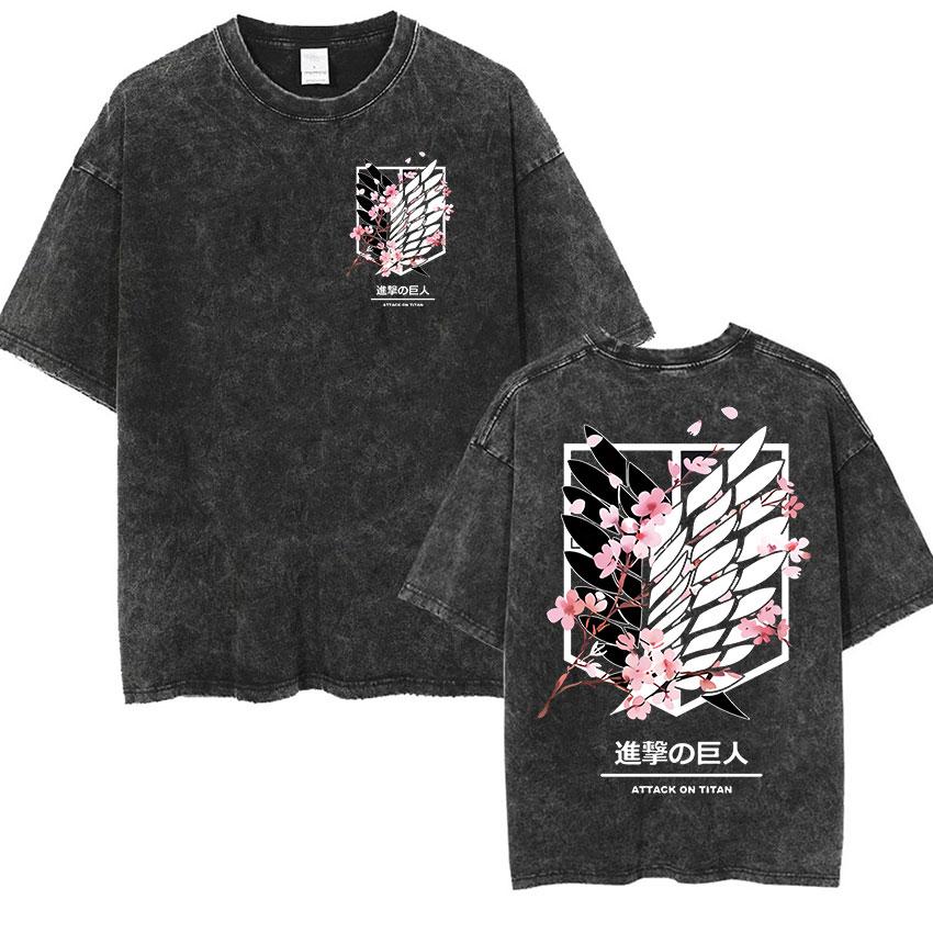 Anime Attack on Titan Vintage Washed Print T-shirt Mikasa Ackerman Eren Jaeger Wings of Freedom Logo Mens Summer Cotton T-shirts