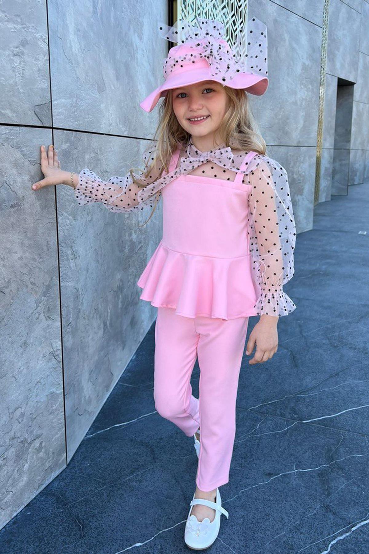 

Воротник и рукава для девочки с прозрачным верхом и розовым низом в горошек с оборками