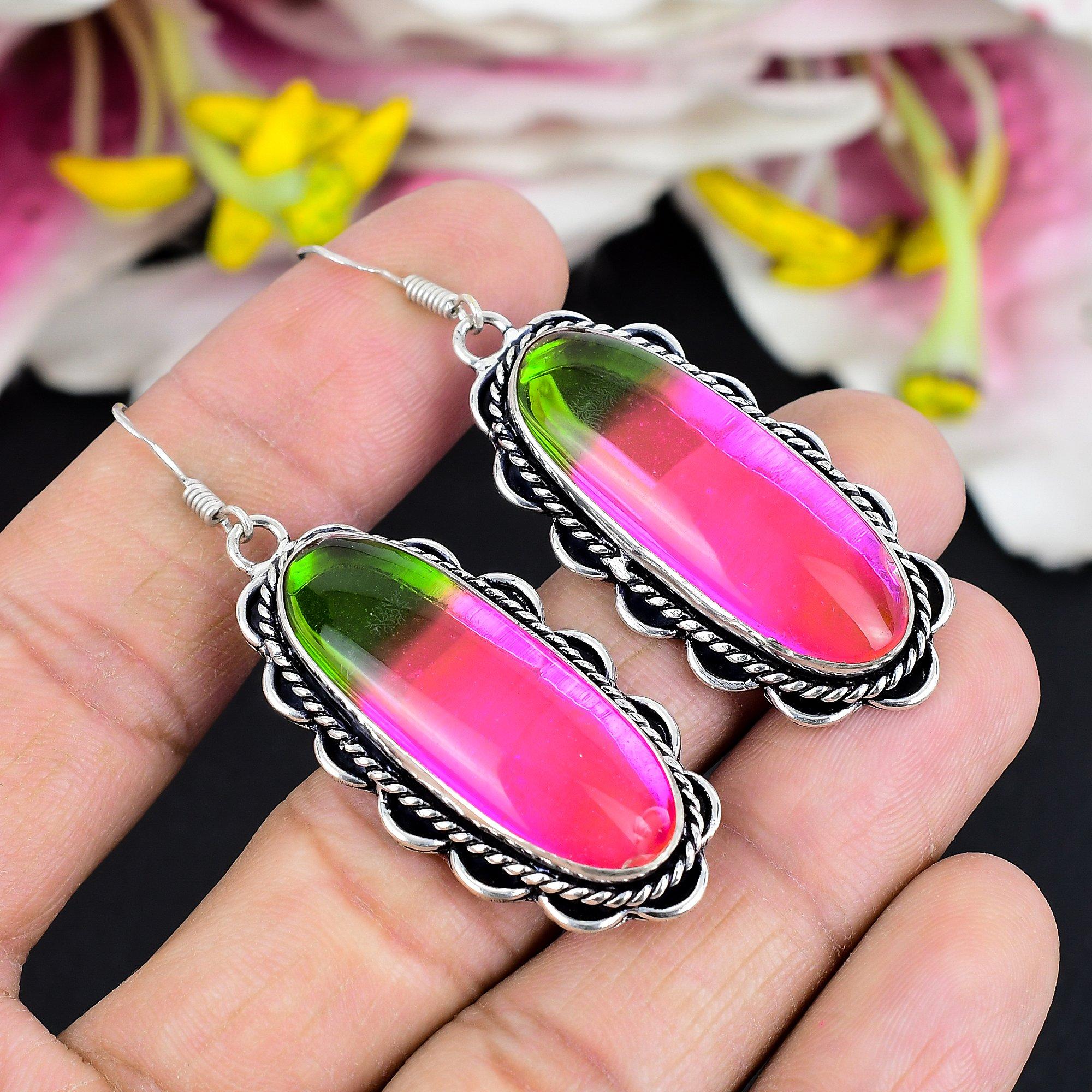 

Двоколірний Турмалін Камінь 925 Срібло Стерлінгове Ювелірні Вироби Сережка 2.48 KG-1753