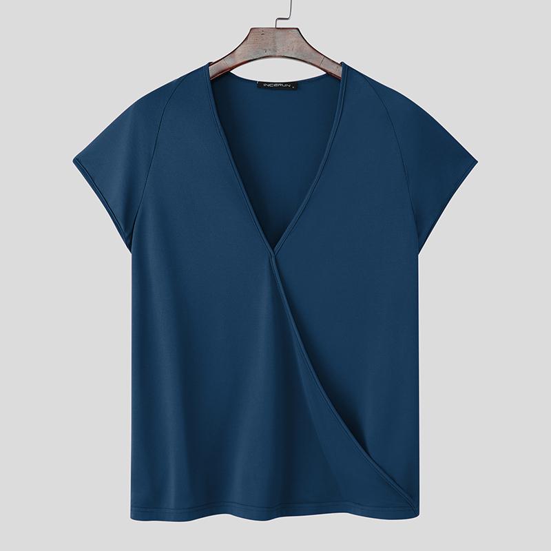 

INCERUN Летние мужские повседневные футболки с глубоким V-образным вырезом и коротким рукавом S синий