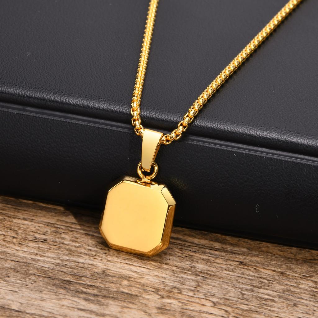 Vnox Mens Necklaces, Geometric Square Natural Stone Shell Pendant, Black Gold Color Stainless Steel Collar