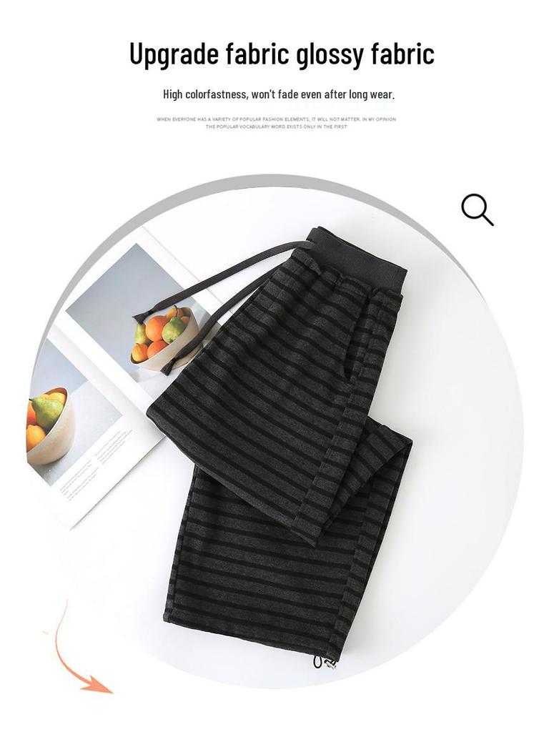 Women's High Waist Gray Striped Wide-Leg Pants - Early Spring 2026 Casual, Slimming, Relaxed Fit