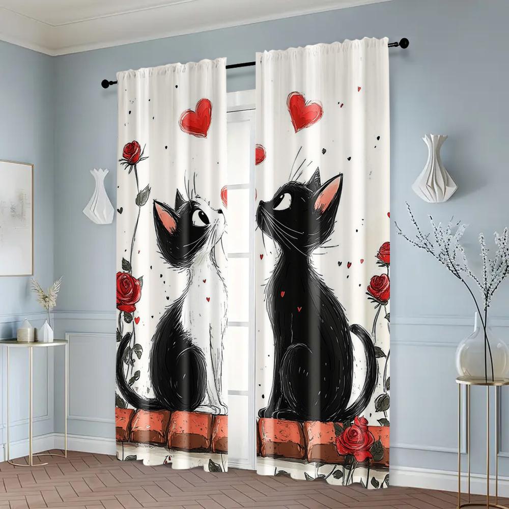Set Of 2 Upscale Curtains Story Love Cat Fabric Without Rod Stuff Clearance Living Room Bedroom Curtain Polyester Machine Washable Perfect For