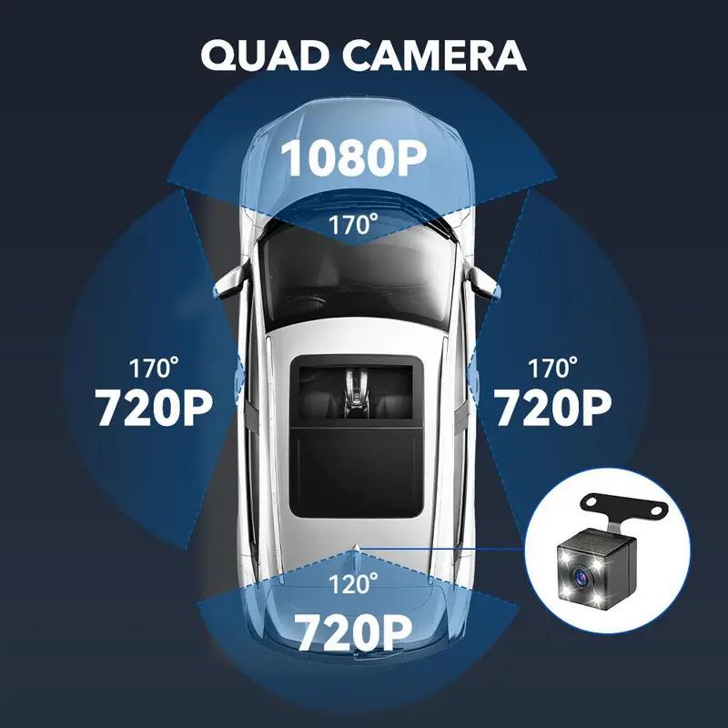 Car Dash Cam 4 Channel Black Box Driving Camera FHD 1080P Front Left Right Rear Night Vision Loop Recording add Hardwire kit