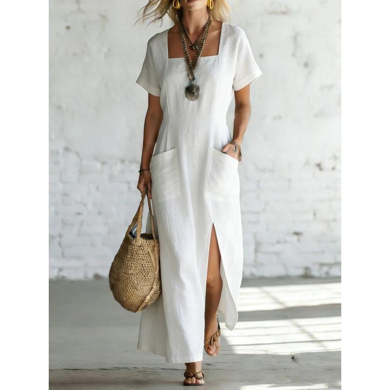 Summer New Style Solid-color Loose V-neck Short-sleeved Dress for Women, Irregular-length Dress