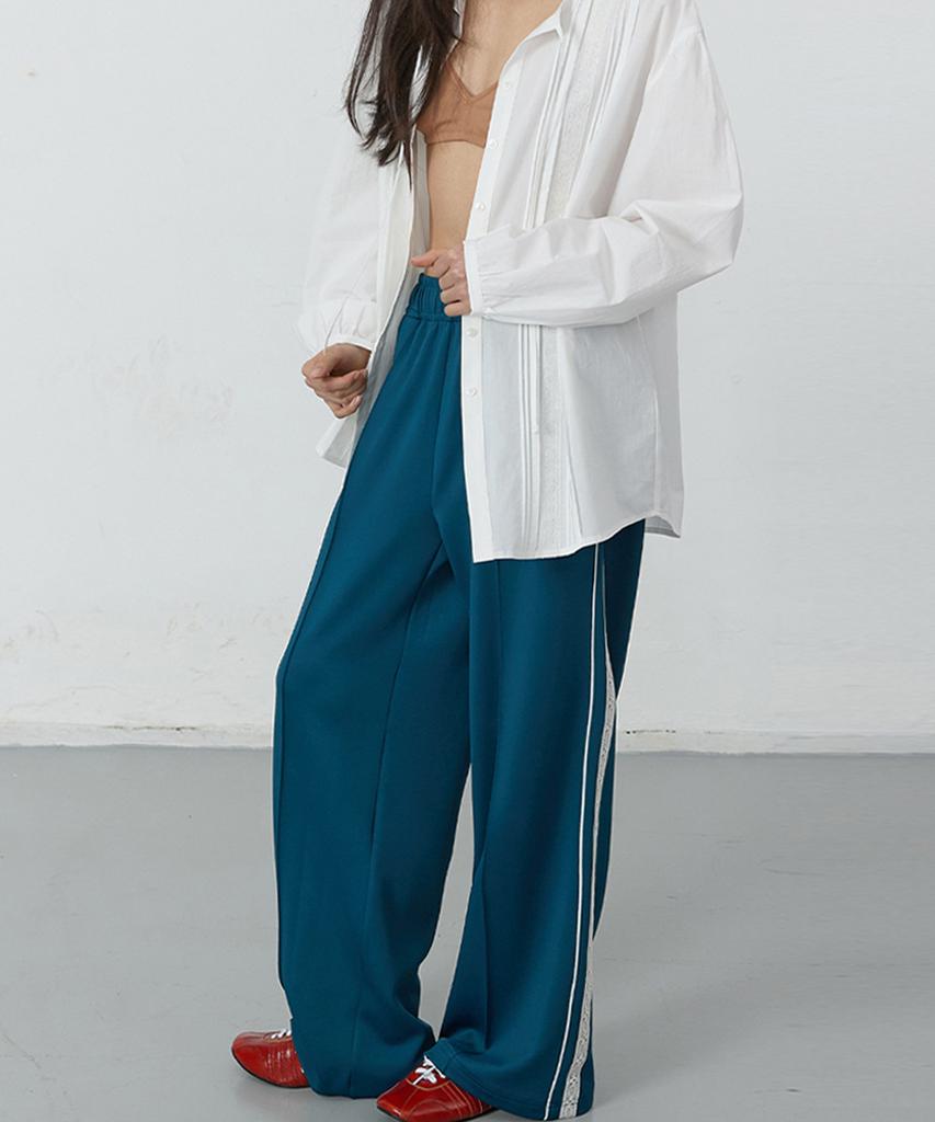 Michikoleondeonkosino Lace-Trimmed Jersey Pants Deep Teal-Blue
