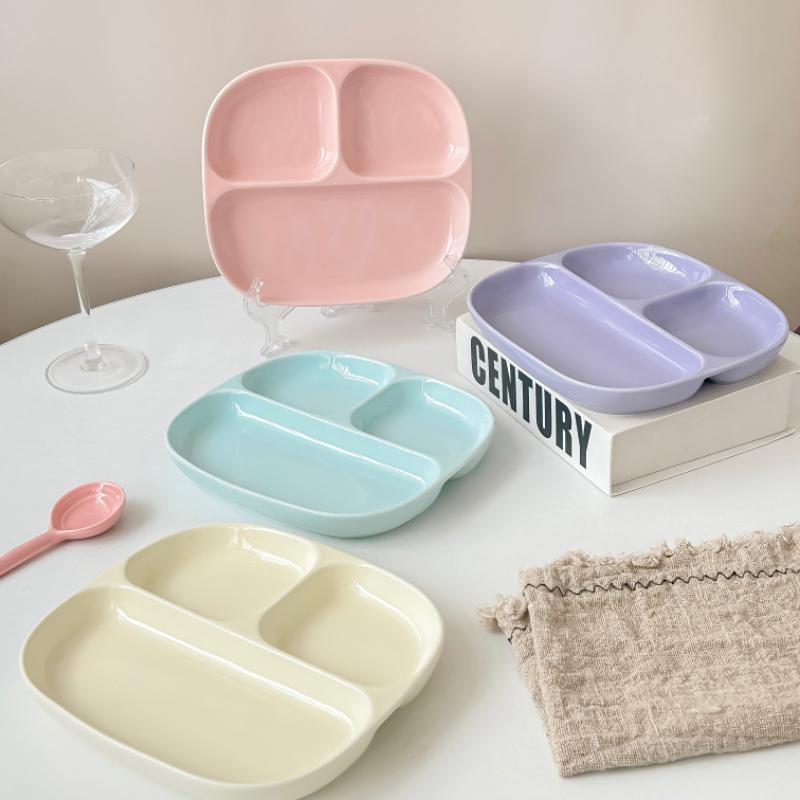

8 Inch Ceramic Dividing Plates for Adults Weight Loss Three Compartments Simple Solid Children Dish Green Cream Wind Tableware 8 inches рожевий