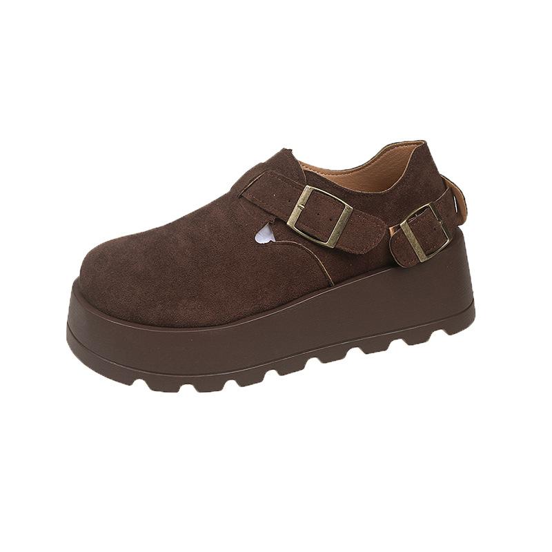 

Thick-soled matte Polken single shoes women 2025 autumn retro one-pedal fairy wind shallow mouth belt buckle loafers women 40 темно-коричневого кольору