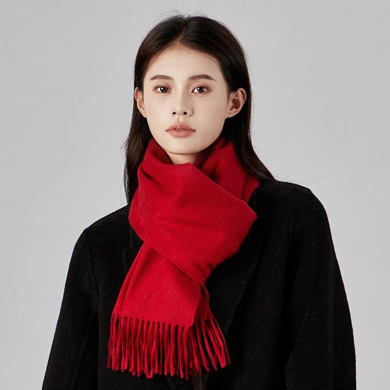 Red 100% wool scarf, simple autumn and winter atmosphere, scarf, high-end sense, versatile shawl 2025 gift