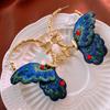 Vintage Fabric Embroidery Diamond Set Butterfly Circle Silver Needle Earrings Geometric Earrings