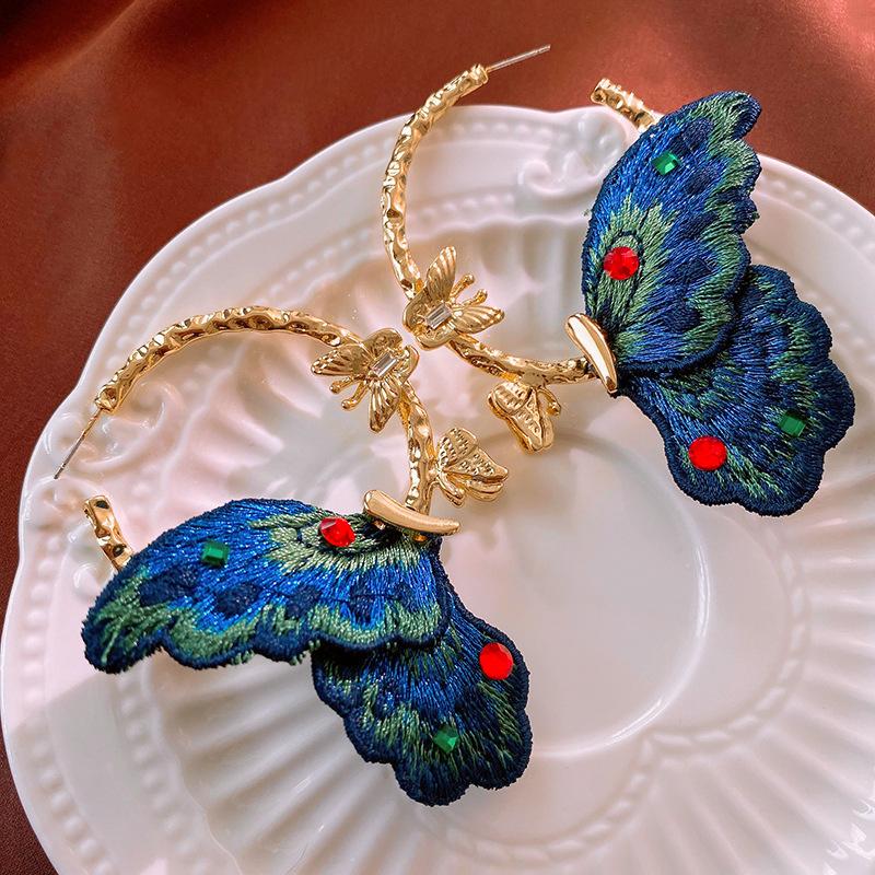 Vintage Fabric Embroidery Diamond Set Butterfly Circle Silver Needle Earrings Geometric Earrings