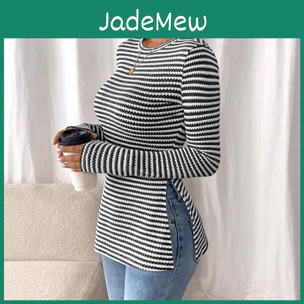 Slit New Versatile Roundneck Longsleeved Casual Womens Base Layer Tshirt