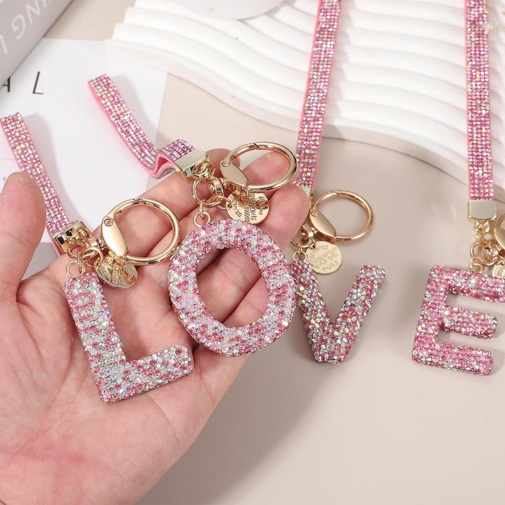 uxcell Women's Initial Letter B Keychain with Heart Rhinestones, Decorative BagCar Key Accessory, Pink
