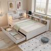Pat Dublu cu Panouri, Tăblie cu Compartiment de Depozitare + 2 Lumini, Priză de Încărcare, Noptiere și Sertare Laterale, Pin+Placă de Particule+MDF, Alb, 140x200cm