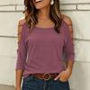 Womens Solid Color Round Neck Cold Shoulder Tie Detail 3/4 Sleeve Slim Fit T Shirt