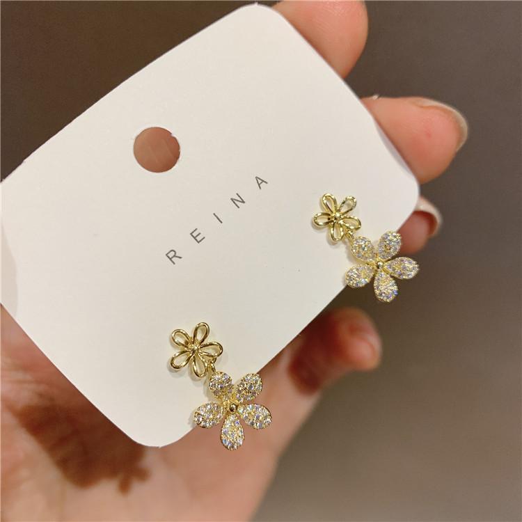 Korea   Design Fashion Jewelry 14K Gold Plated Exquisite AAA Zircon Hollow Flower Earring Elegant Women's Wedding Accessories