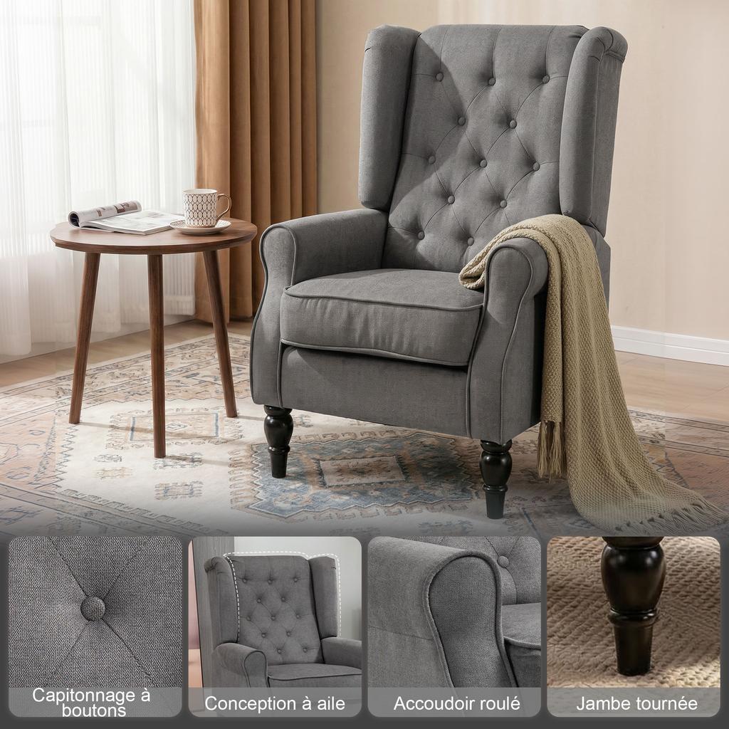 Lounge Chair, Mid-Century Velvet Accent Chair, High Tufted Wingback, Grey