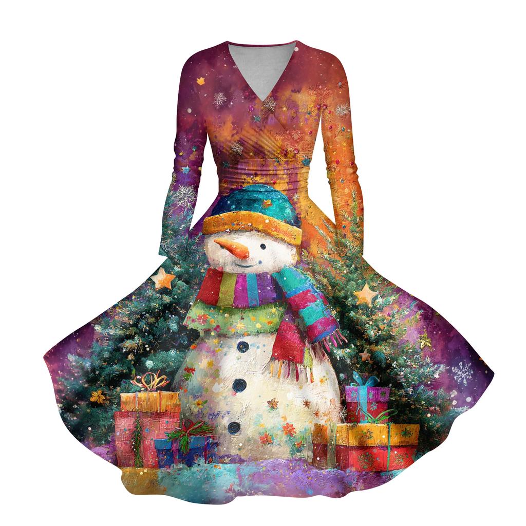 Ladies' Casual And Fashionable Christmas Tree Print Long Sleeved V-neck Sexy Pocket Dress