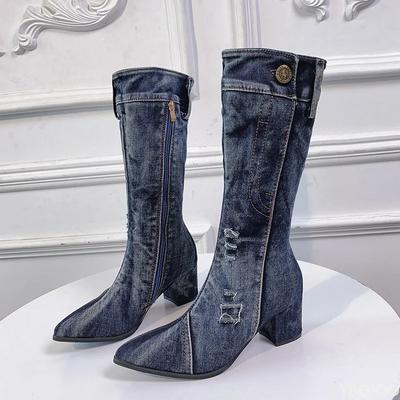 Women Chunky Denim Mid-Calf Boots Block High Heels Boots Winter Fashion Cowboy Western Boots Thick Heels Shoes