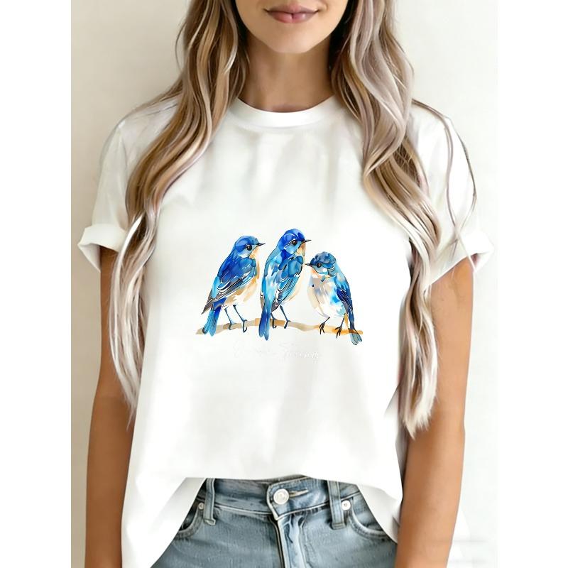 

White T Shirt With Blue Birds Print For Casual Wear XXXXL білий