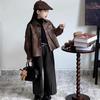 Girls' 2024 Autumn/Winter Sweet Retro Leather Jacket & Sweater Set with Wide-Leg Pants