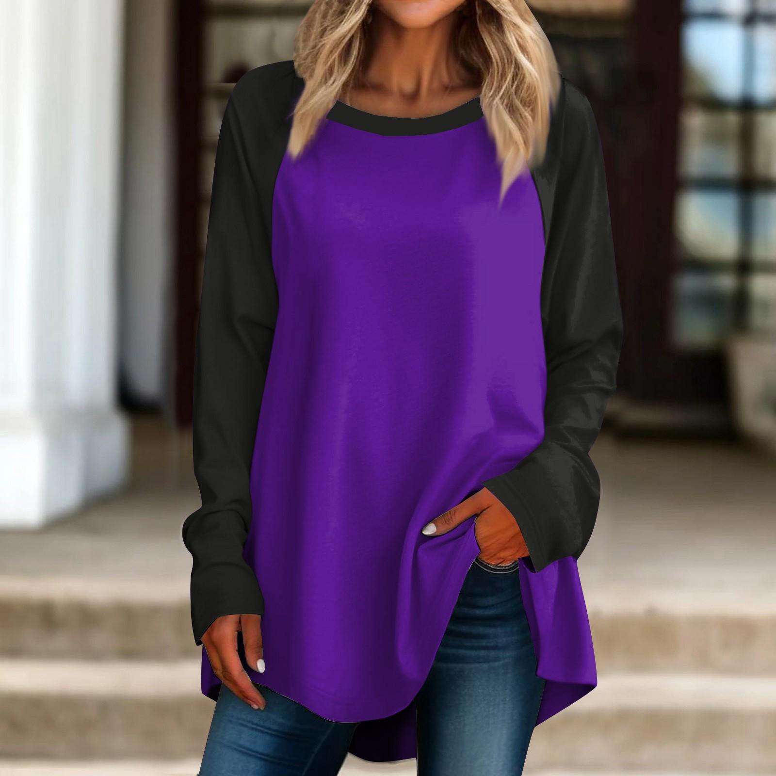 

Женская повседневная футболка больших размеров с длинными рукавами и круглым вырезом с контрастной строчкой, верхний пуловер XXXL фиолетовый