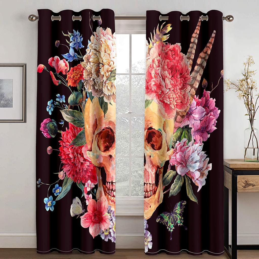 2023 Hot Selling Cool Weird Skull Series Luxury Living Room Bedroom Home Decoration Sunshade Curtain 2 Pieces of Hook Punch Hole