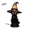 Fantasy Cat Shaped Table Lamp Black Witch Hat Lamp, with Dreamy Purple Light, Pink Ambient Desk Light Gothic Retro Halloween Ornament, for Bedroom