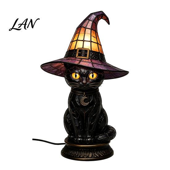 Fantasy Cat Shaped Table Lamp Black Witch Hat Lamp, with Dreamy Purple Light, Pink Ambient Desk Light Gothic Retro Halloween Ornament, for Bedroom
