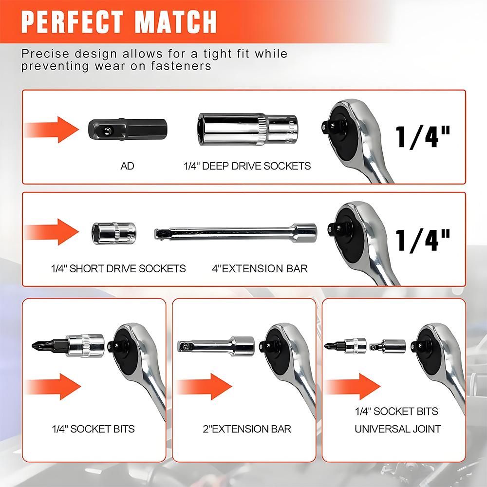 53-Piece Auto Repair Kit with 1/4 Inch Ratcheting Wrench and Carbon Steel Socket Hard Case Box Storage for Car Repair Tools