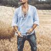 Camicia Casual da Uomo in Cotone e Lino a Manica Corta con Scollo a V e Laccio T-shirt Bohemian Vintage Top Estivo da Spiaggia