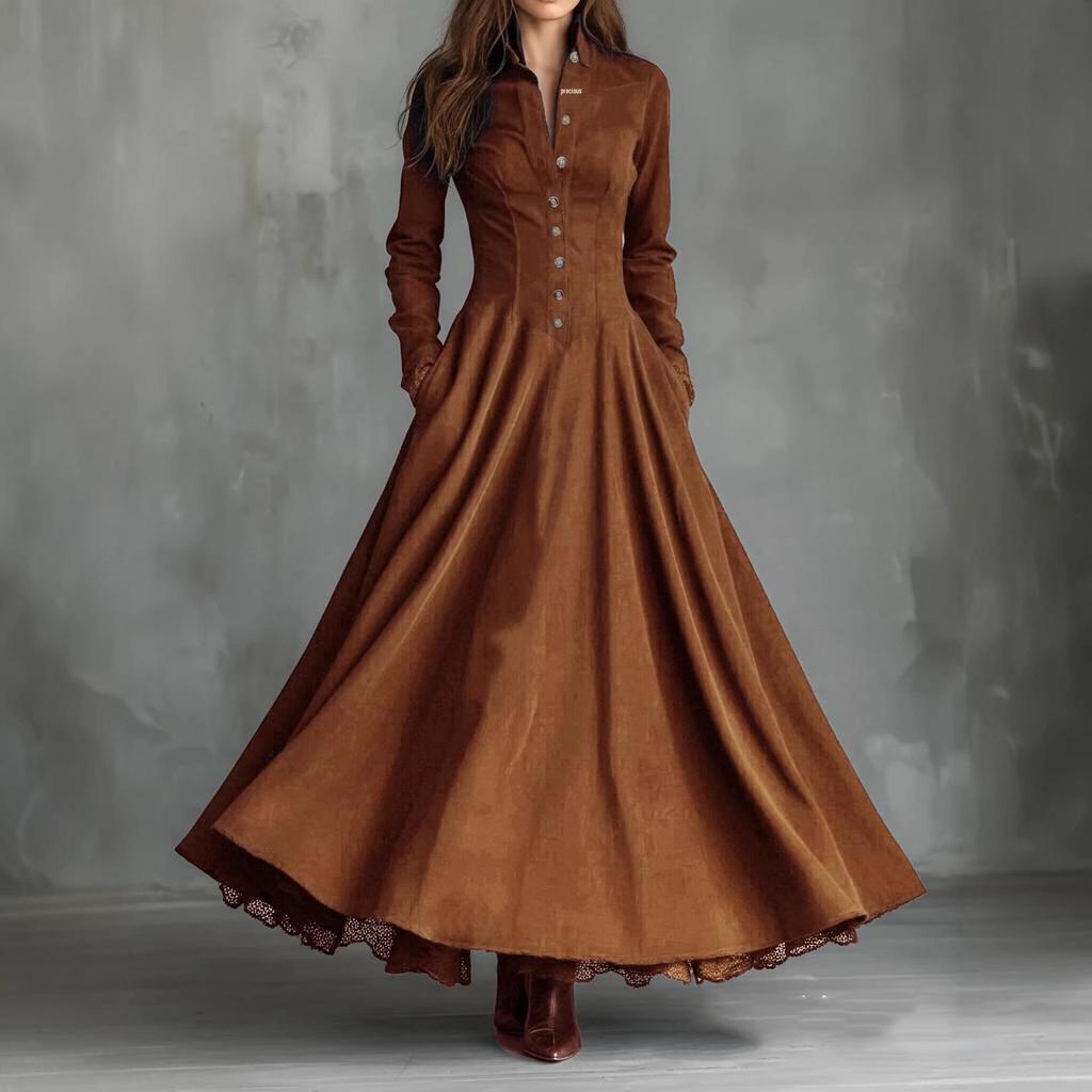 2025 Französisches Retro-Spitzenbesatz Wildleder Patchwork Langes Kleid