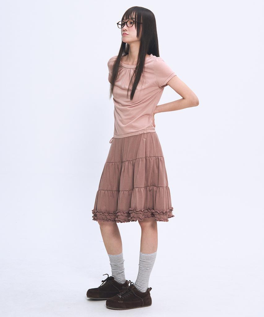 Some Place Shirred Frill Sleeveless Contrast Layered Flare Short Sleeve Midi Dress [Pink]