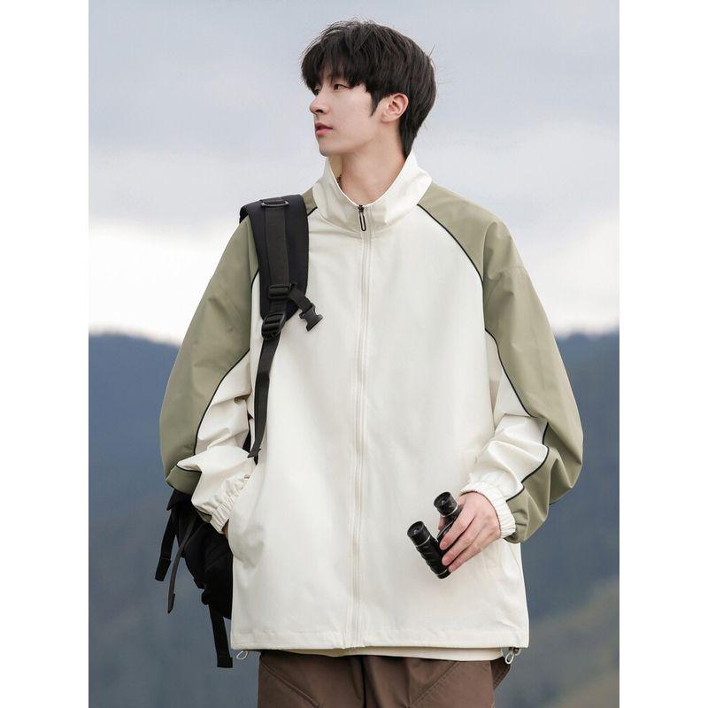 Wassup American-Style Autumn Stand-Up Collar Jacket for Men, Spring and Autumn Thin Casual Color-Blocking Patchwork Couple's Jacket Top