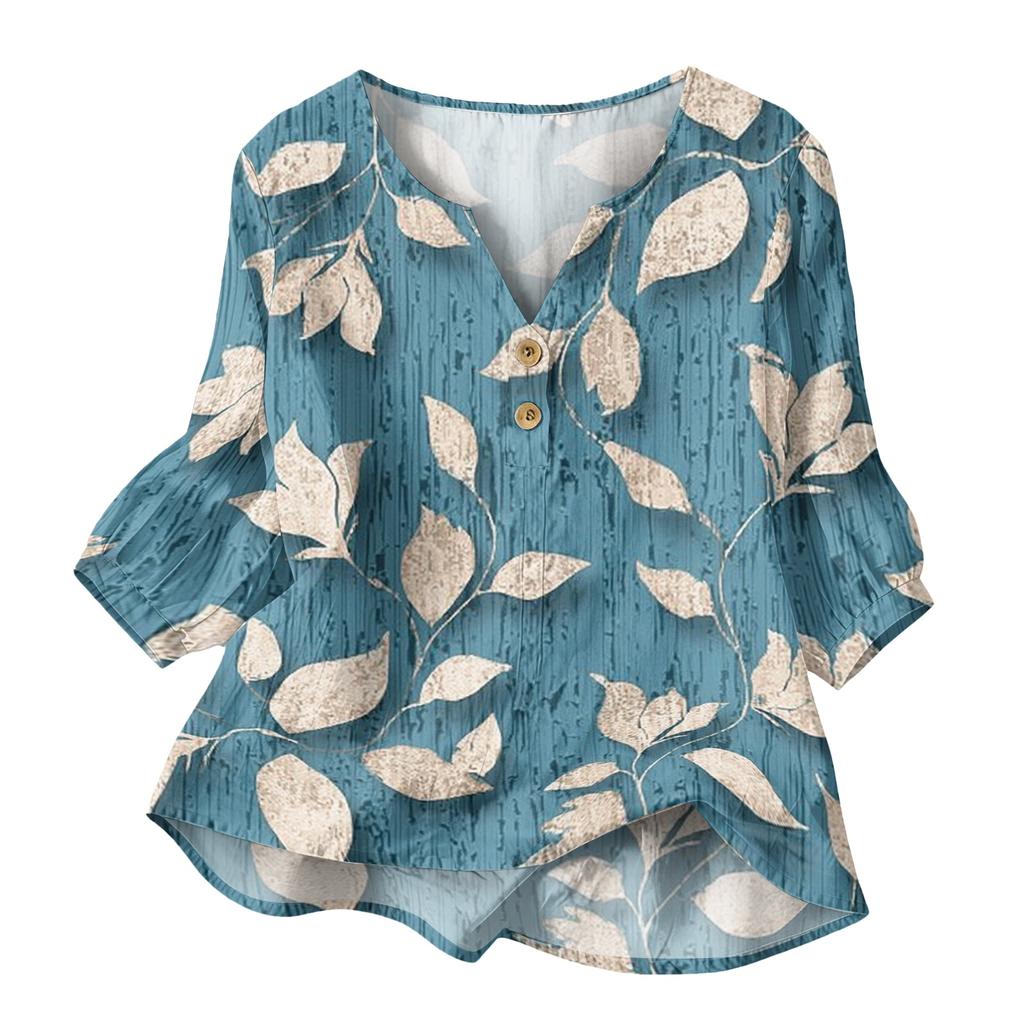 Women’s Casual Floral Print Henley Neck Cotton Linen Shirt Three Quarter Sleeve Button Front Loose Fit Blouse Top