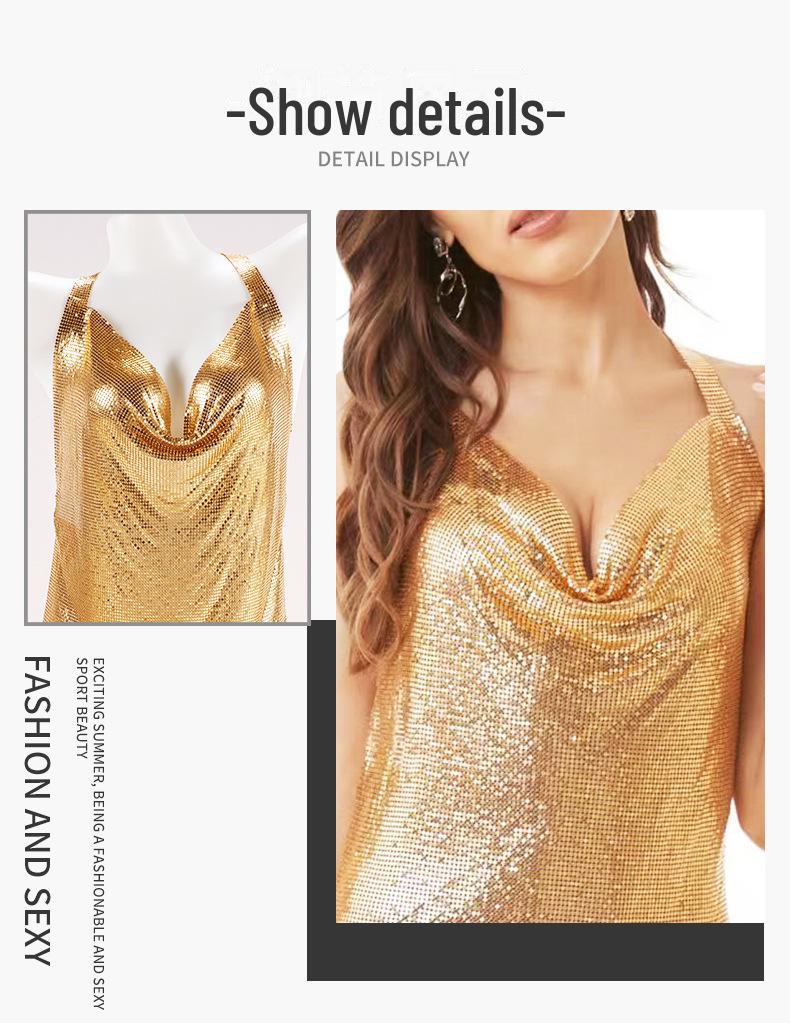 Cross-border European and American deep V slit suspender skirt with metal wire cloth sequin dress, perfect for nightclub and celebrity events.