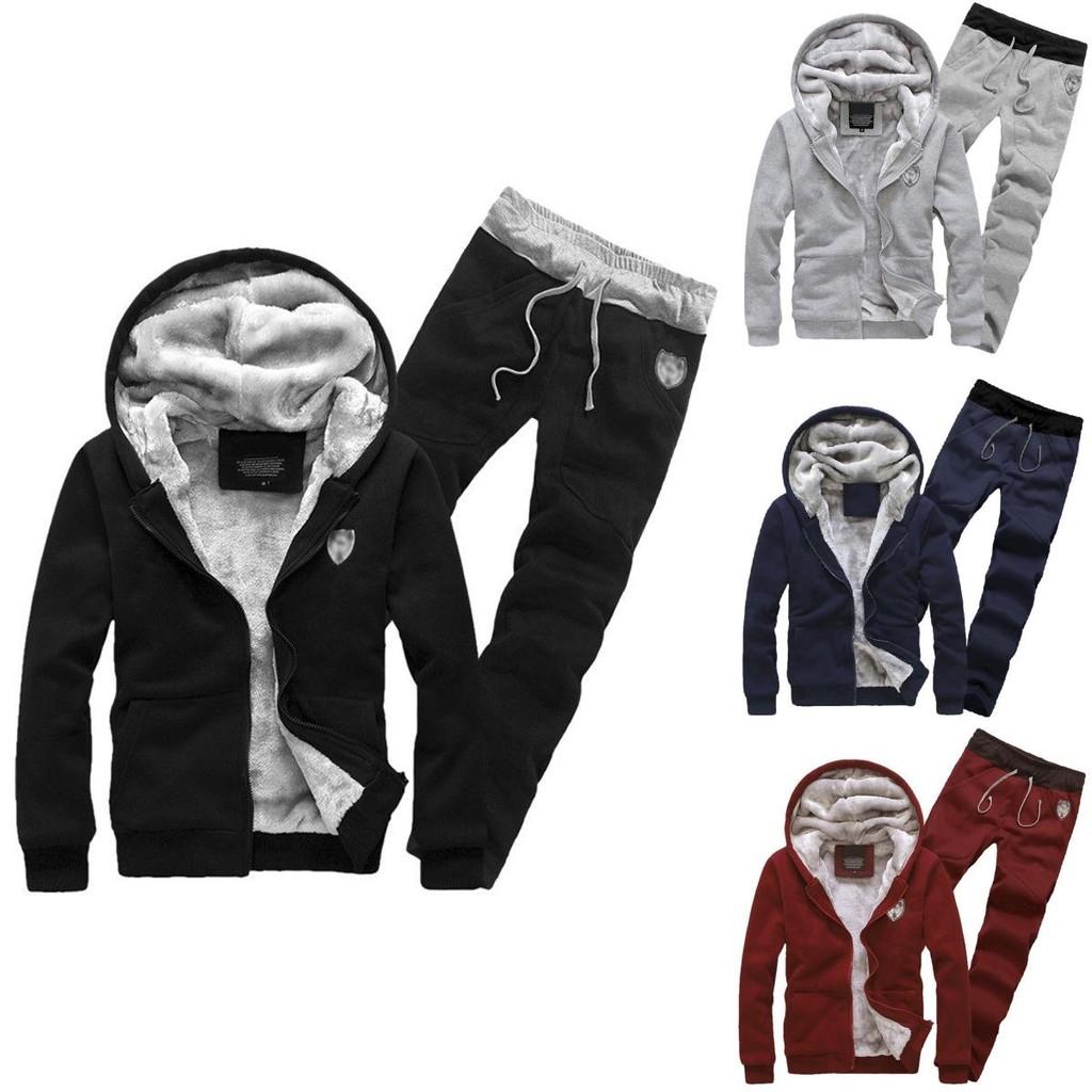 Trendy Men's Casual Thickened Fleece Hoodie Set With Stylish Hood And Zipper Closure