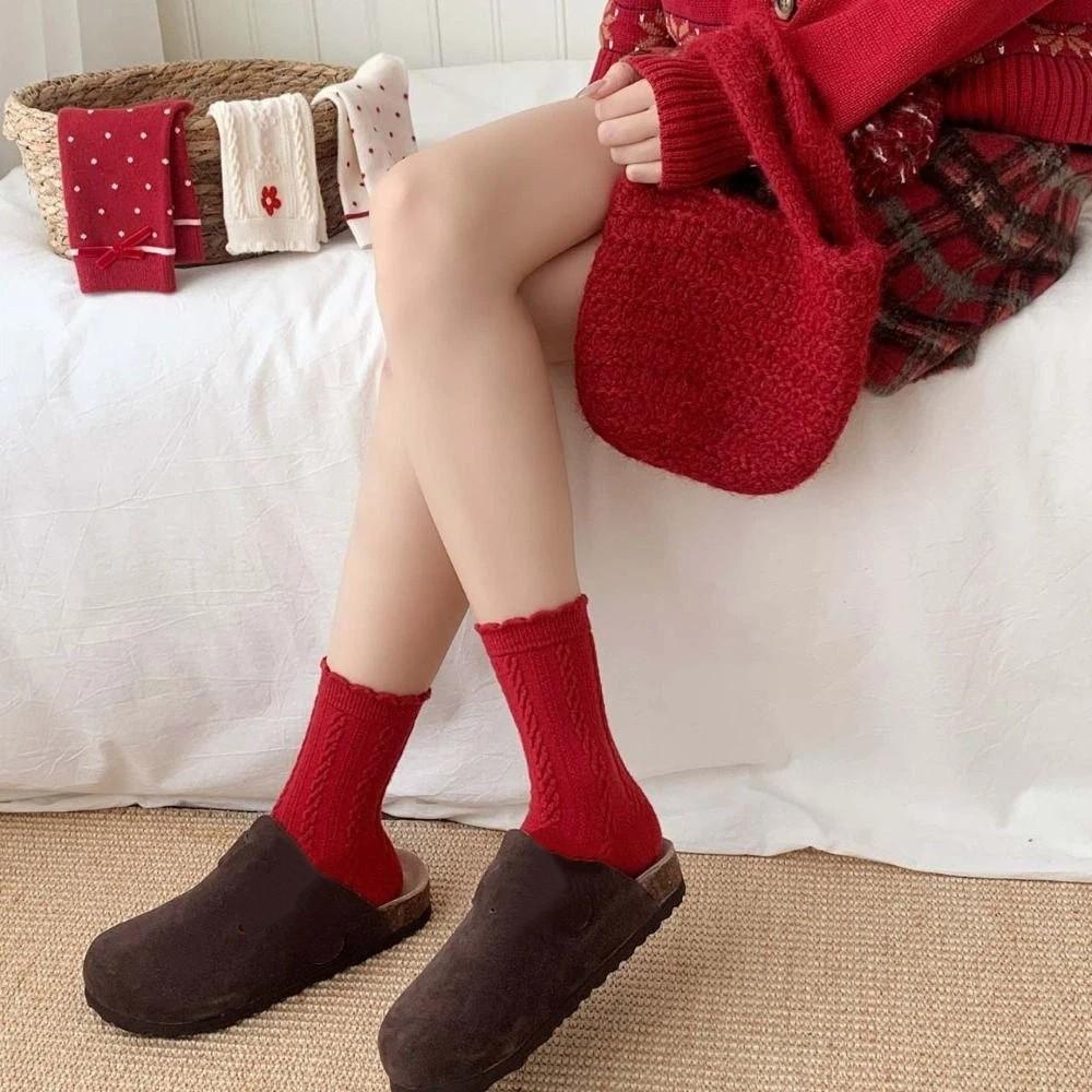 Ruffle New Year Women's Socks Dots Horse Year Red Socks Comfortable Sweet Girls Sock  New Year