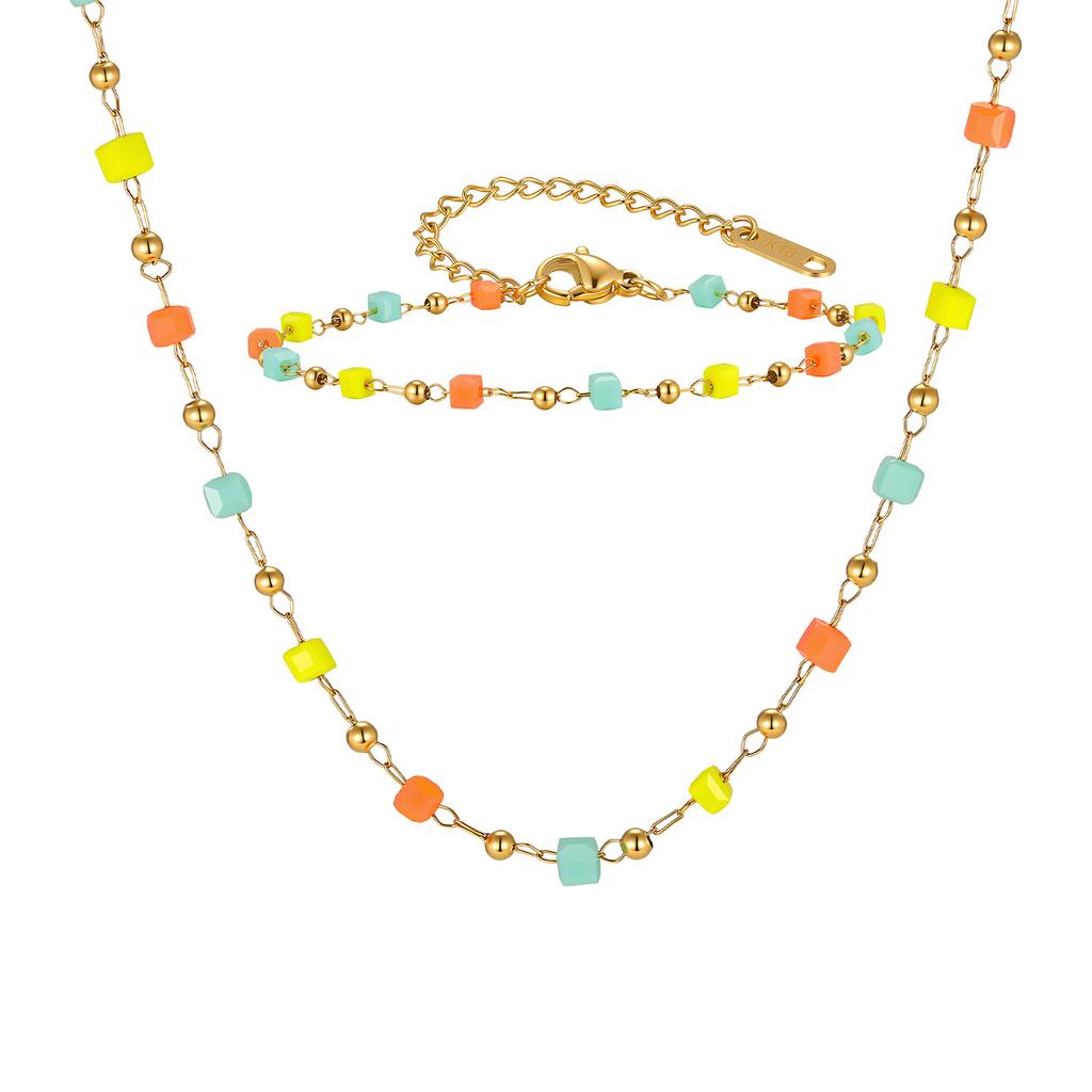 Colorful Rainbow Square Beaded Necklace for Women, Gold Plated Stainless Steel Boho Necklace Bracelet, Exquisite Charm Jewelry