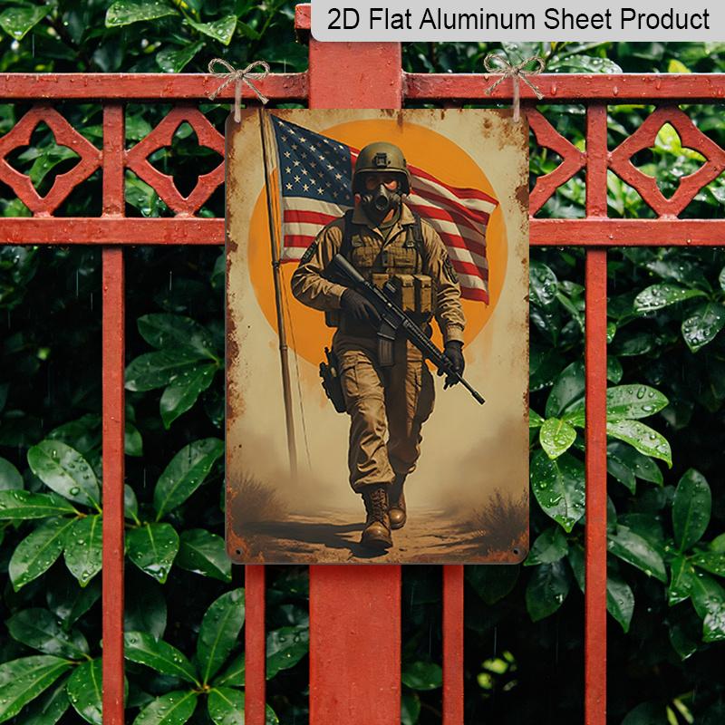 2D Flat Decorative Aluminum Sign Plaque 1pc 8x12 Inch Sign with Message "American Flag and Soldiers" Perfect Room Decor for Veteran Room, Living