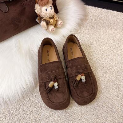 Boken Shoes Women's 2025 Autumn New Soft-soled Suede One-pedal Loafers Beaded Tassel Fashion Versatile Single Shoes
