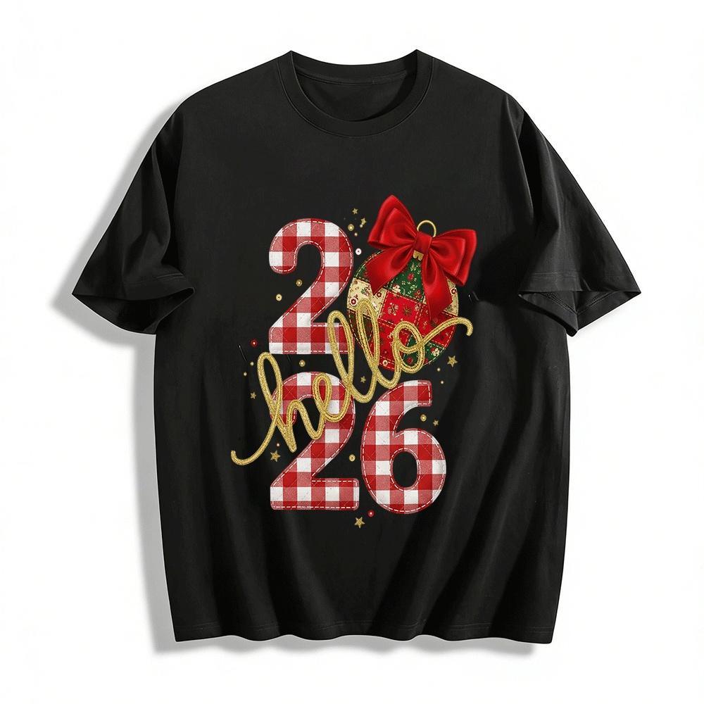 

Hello 2026 Christmas Plaid Print Casual Crew Neck Sweatshirt Pure cotton T-shirt 6XL