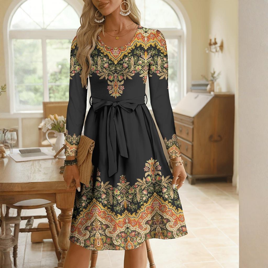 Dámské módní retro tištěné barevně blokované šaty s dlouhým rukávem a ležérním pasem