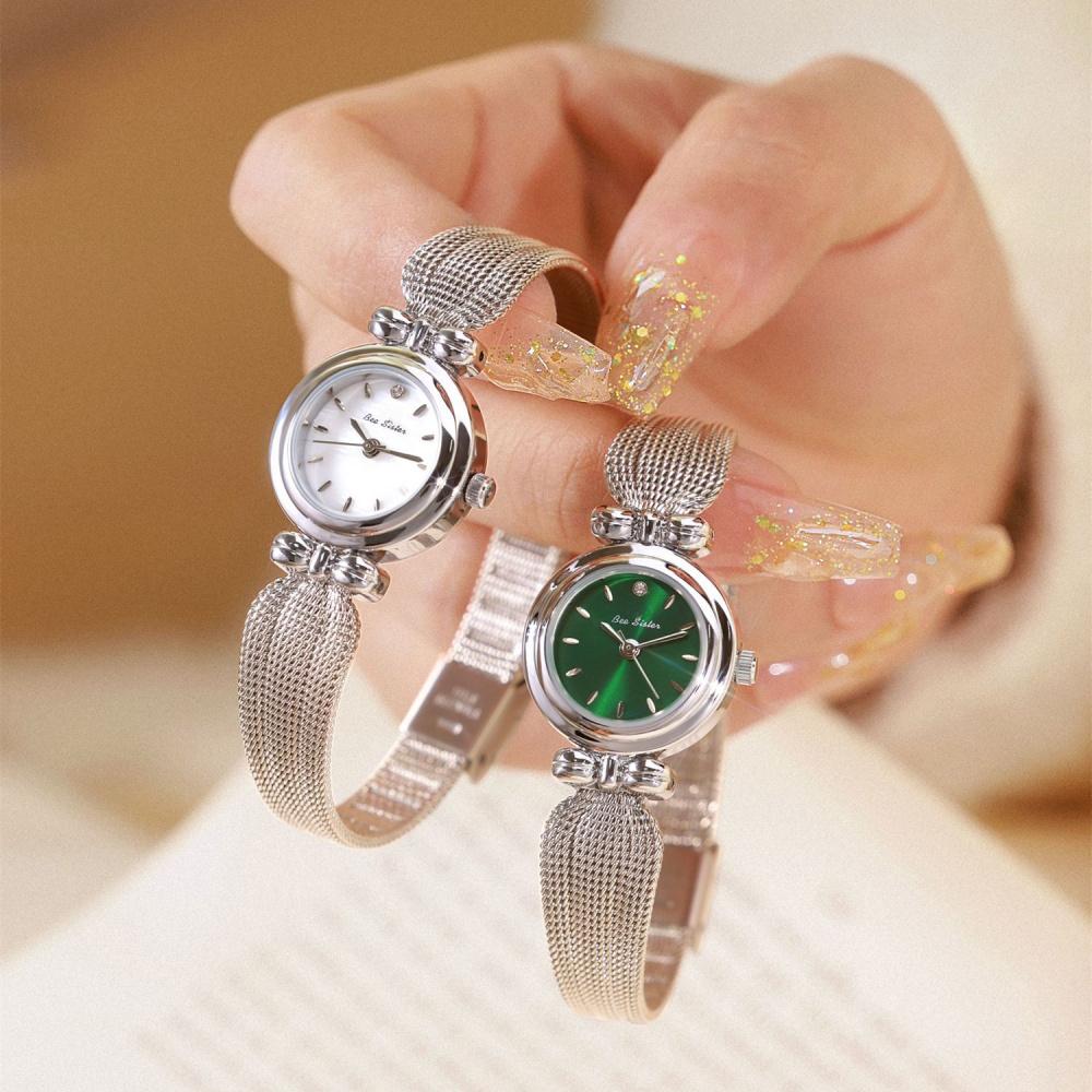 Mini Bowknot Mesh Band Women Quartz Watch, Small Round Dial Light Luxury Alloy Ladies Dress Wrist Watch with Shell Sunray Dial