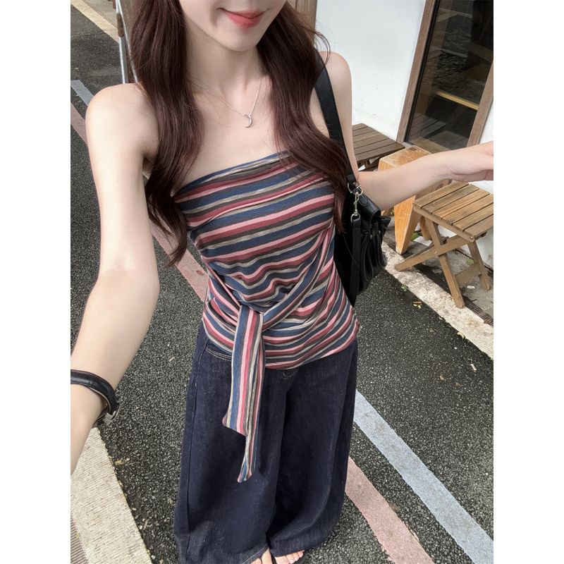 Kumikumi American vintage Gyaru Stripe Strap Tube Top Vest Women clothes Summer Chic Age-Reducing Slimming Top